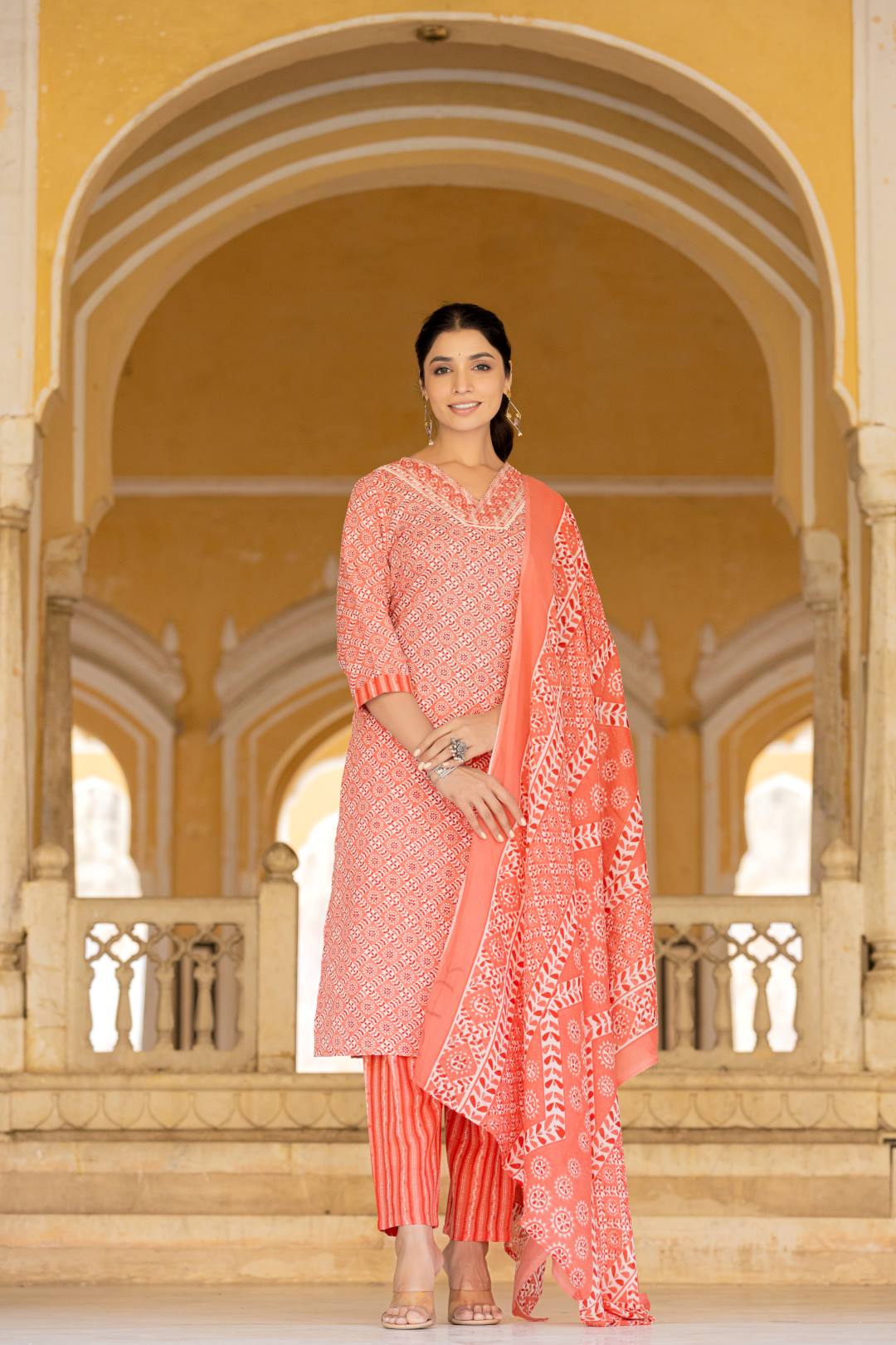 Varanga Women Red V Neck Thread Embroidered Kurta Paired With Printed Bottom And Dupatta