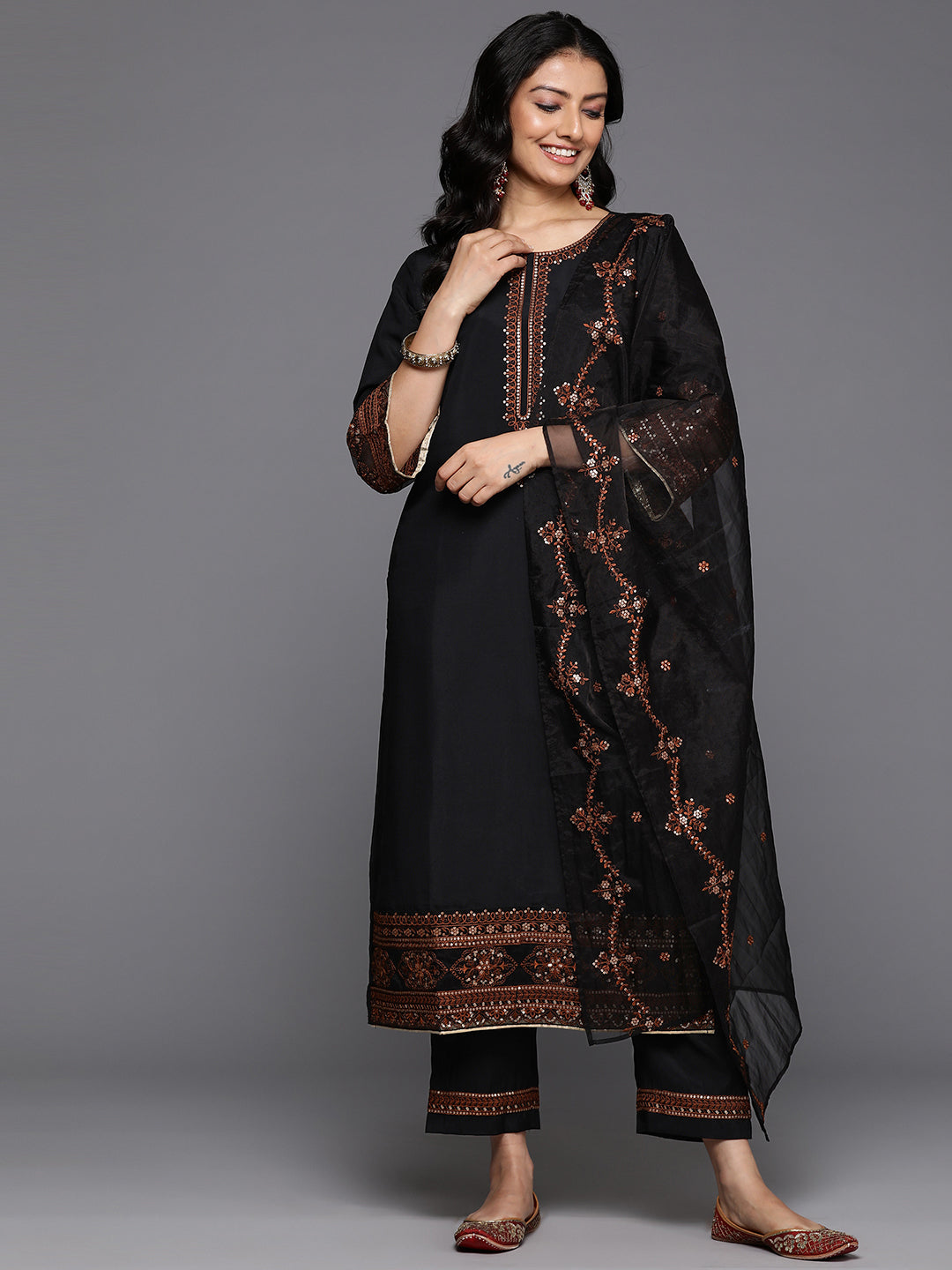 Varanga Women Black Thread Embroidered Sequins Embellished Kurta With Bottom And Dupatta