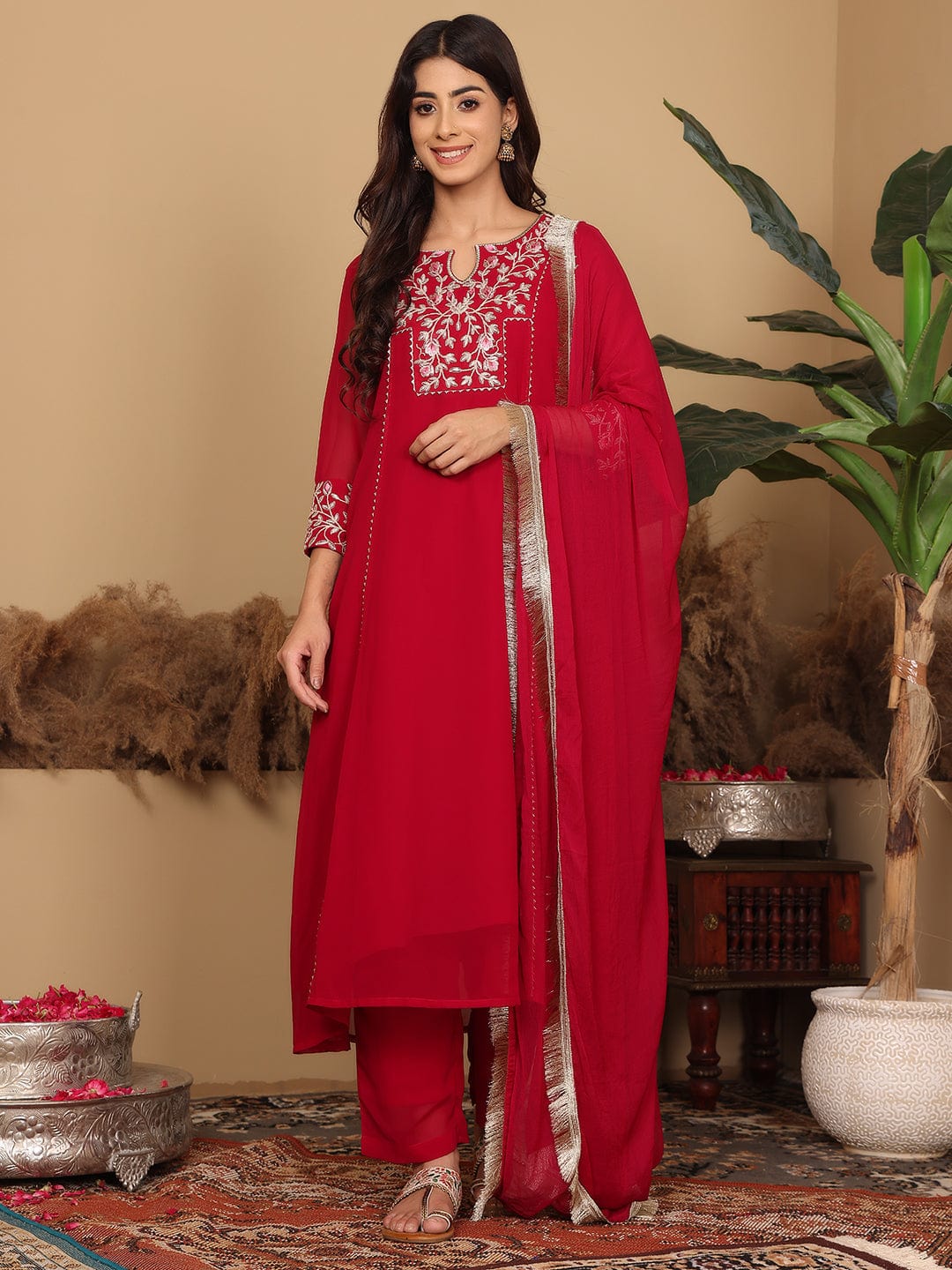 Varanga Women Magenta Embroidered Aline Kurta Paired With Tonal Bottom And Dupatta