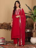 Varanga Women Magenta Embroidered Aline Kurta Paired With Tonal Bottom And Dupatta