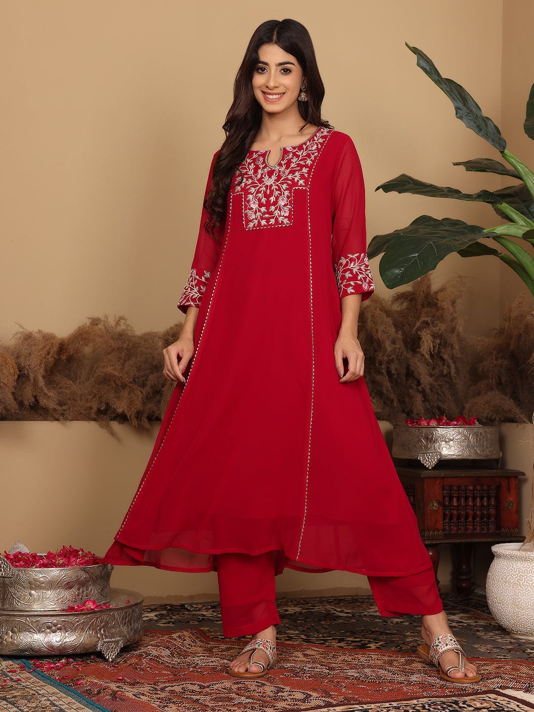 Varanga Women Magenta Embroidered Aline Kurta Paired With Tonal Bottom And Dupatta