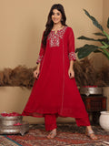 Varanga Women Magenta Embroidered Aline Kurta Paired With Tonal Bottom And Dupatta