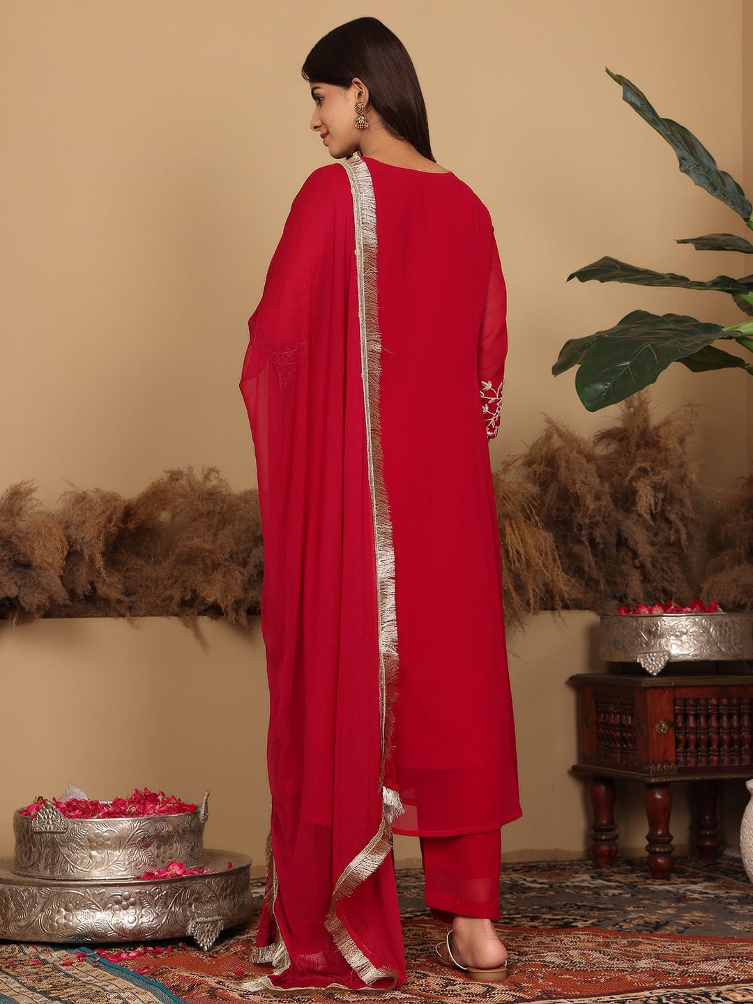 Varanga Women Magenta Embroidered Aline Kurta Paired With Tonal Bottom And Dupatta