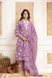 Varanga Women Purple Printed V Neck Kurta Paired With Bottom & Dupatta