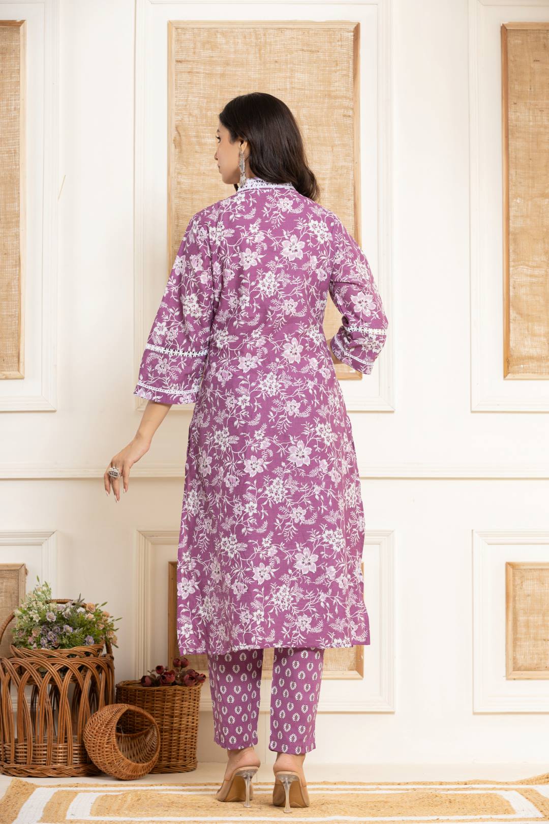 Varanga Women Purple Printed V Neck Kurta Paired With Bottom & Dupatta