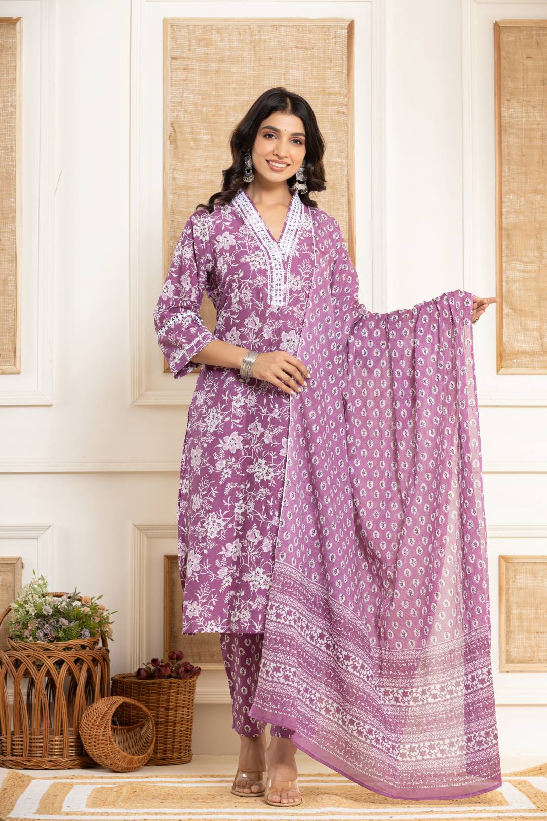 Varanga Women Purple Printed V Neck Kurta Paired With Bottom & Dupatta