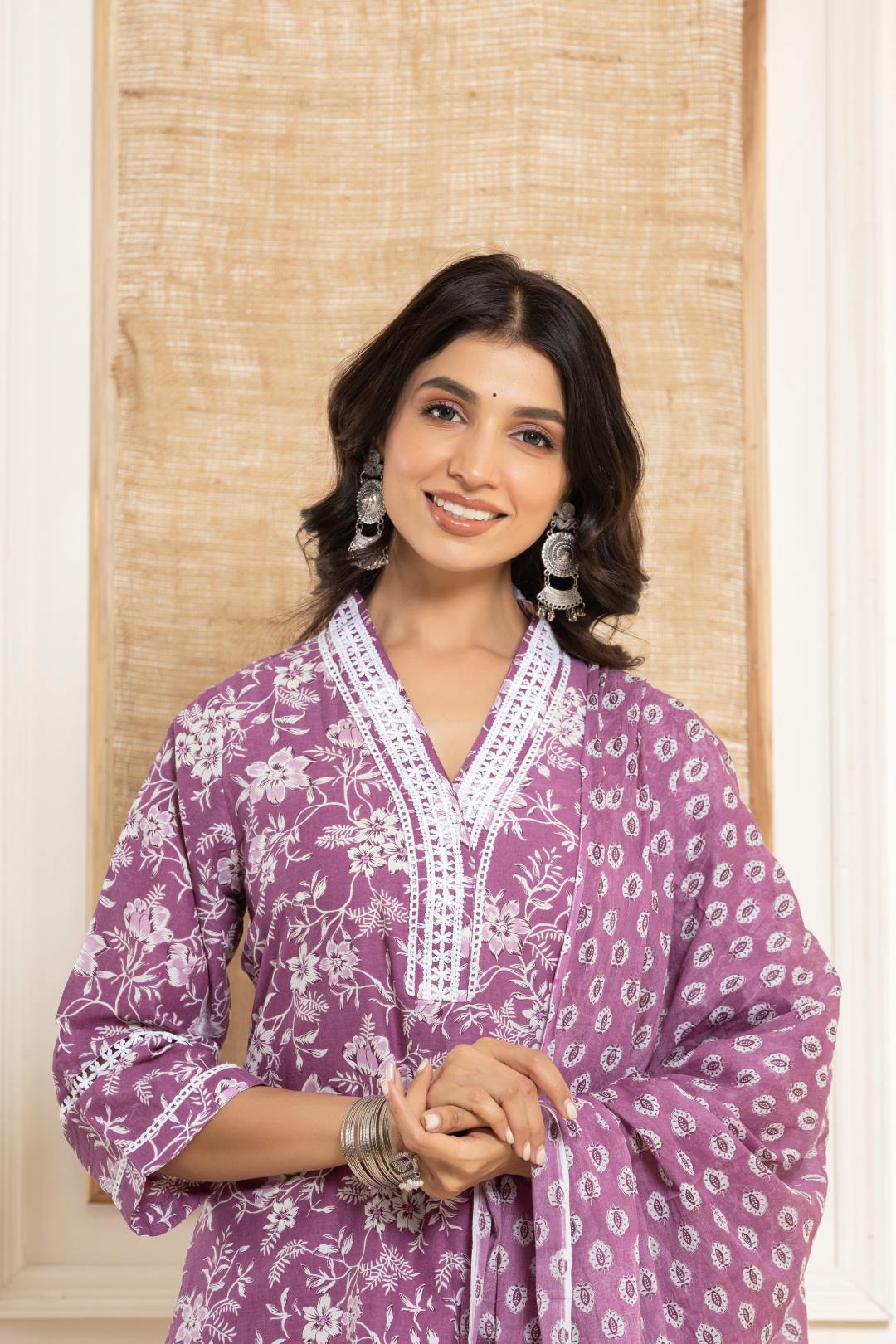Varanga Women Purple Printed V Neck Kurta Paired With Bottom & Dupatta