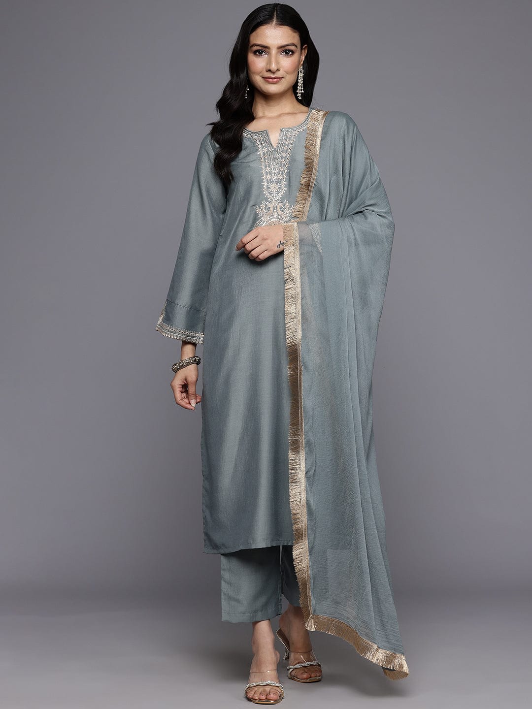 Varanga Women Grey Zari Embroidered Sequins Embellished Kurta With Bottom And Dupatta