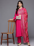 Varanga Women Pink Round Neck Gota And Mirror Embroidered Kurta With Bottom And Printed Dupatta
