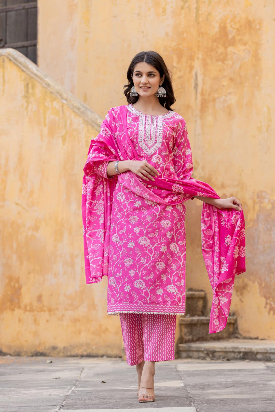 Varanga Women Pink Printed Round Neck Straight Kurta With Bottom And Dupatta