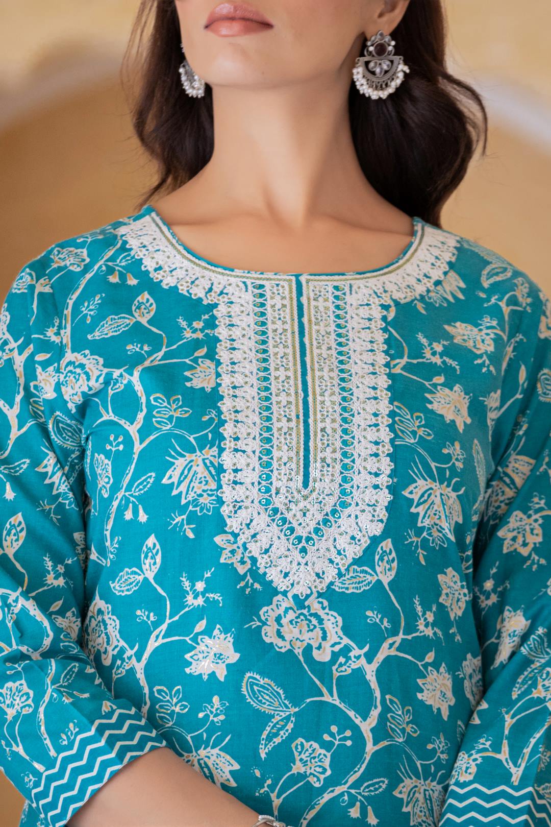 Varanga Women Blue Printed Round Neck Straight Kurta With Bottom And Dupatta