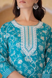 Varanga Women Blue Printed Round Neck Straight Kurta With Bottom And Dupatta