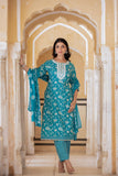 Varanga Women Blue Printed Round Neck Straight Kurta With Bottom And Dupatta