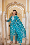 Varanga Women Blue Printed Round Neck Straight Kurta With Bottom And Dupatta