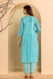 Varanga Women Blue Printed Round Neck Straight Kurta Paired With Bottom And Dupatta