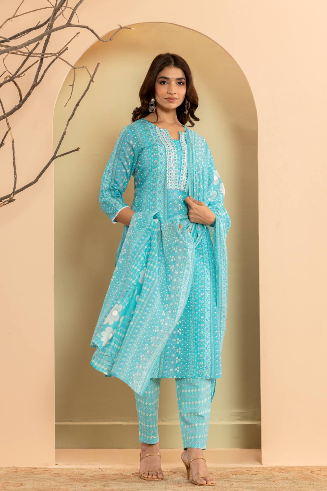 Varanga Women Blue Printed Round Neck Straight Kurta Paired With Bottom And Dupatta
