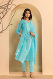 Varanga Women Blue Printed Round Neck Straight Kurta Paired With Bottom And Dupatta