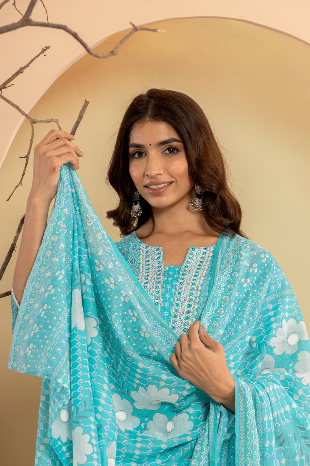 Varanga Women Blue Printed Round Neck Straight Kurta Paired With Bottom And Dupatta