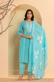 Varanga Women Blue Printed Round Neck Straight Kurta Paired With Bottom And Dupatta