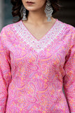 Varanga Women Printed Pink V Neck Embroidered Kurta With Printed Bottom And Dupatta