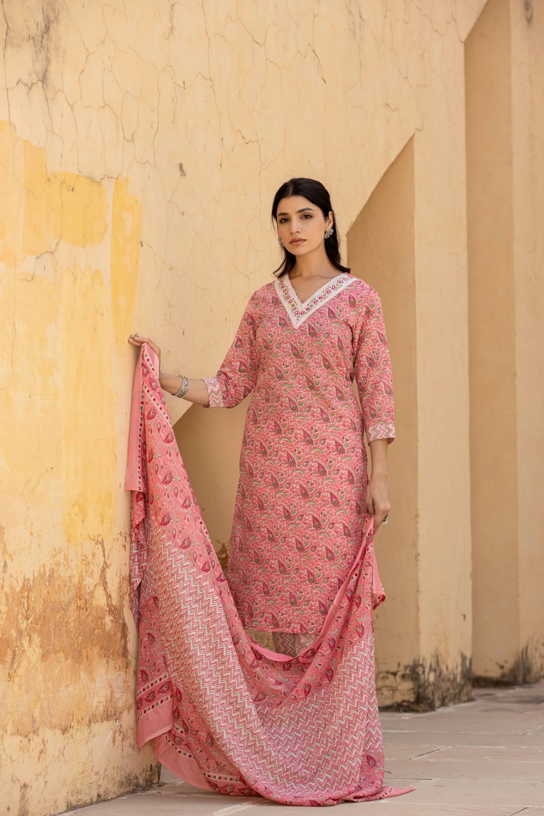 Varanga Women Pink Embroidered V Neck Kurta With Printed Bottom And Dupatta