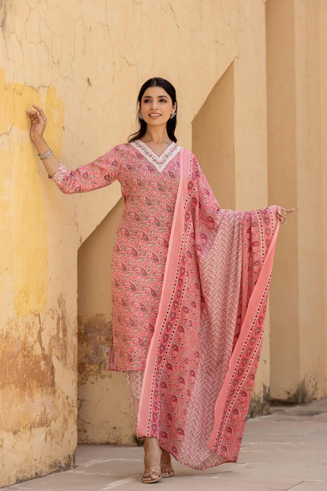 Varanga Women Pink Embroidered V Neck Kurta With Printed Bottom And Dupatta