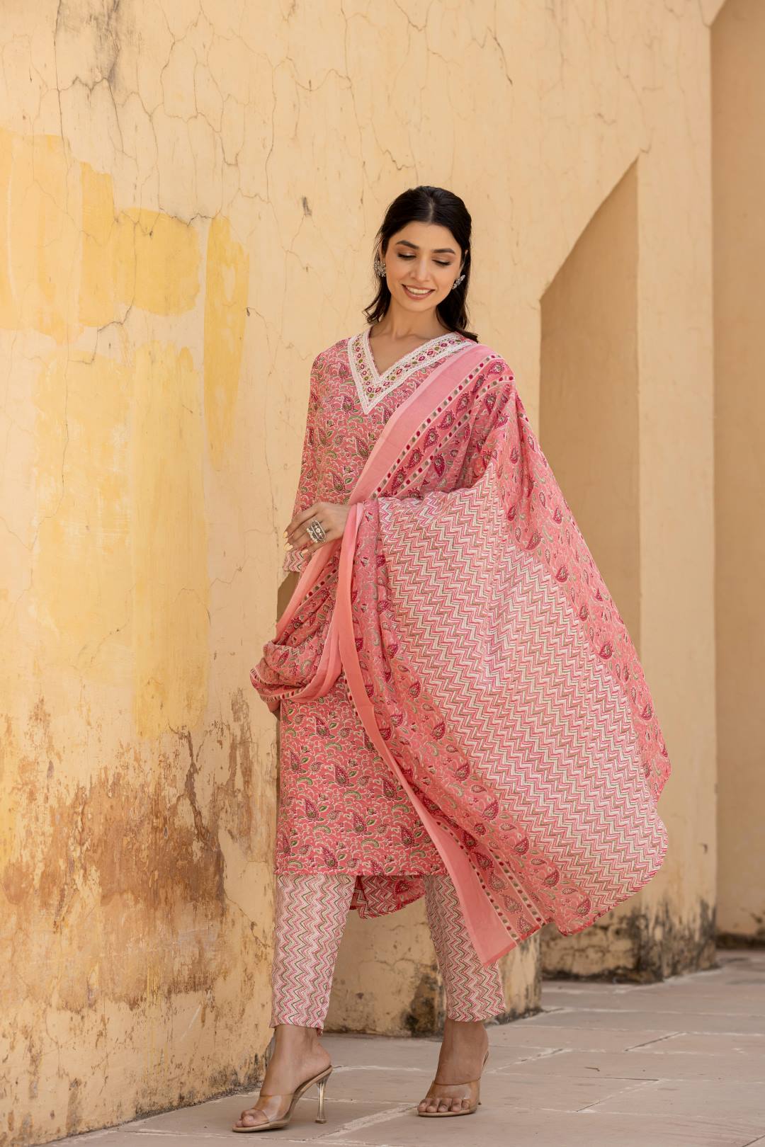 Varanga Women Pink Embroidered V Neck Kurta With Printed Bottom And Dupatta