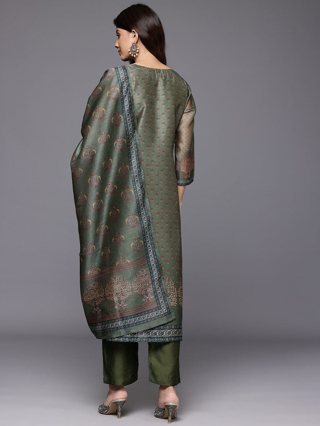Varanga Women Olive Floral Printed Sequin Embellished  Straight Kurta Paired With Bottom  And Dupatta
