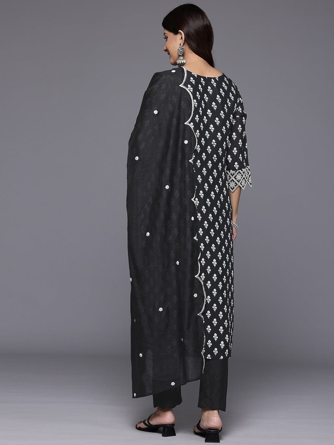 Varanga Women Black  Printed Shiffly Work  Kurta With Bottom And Dupatta