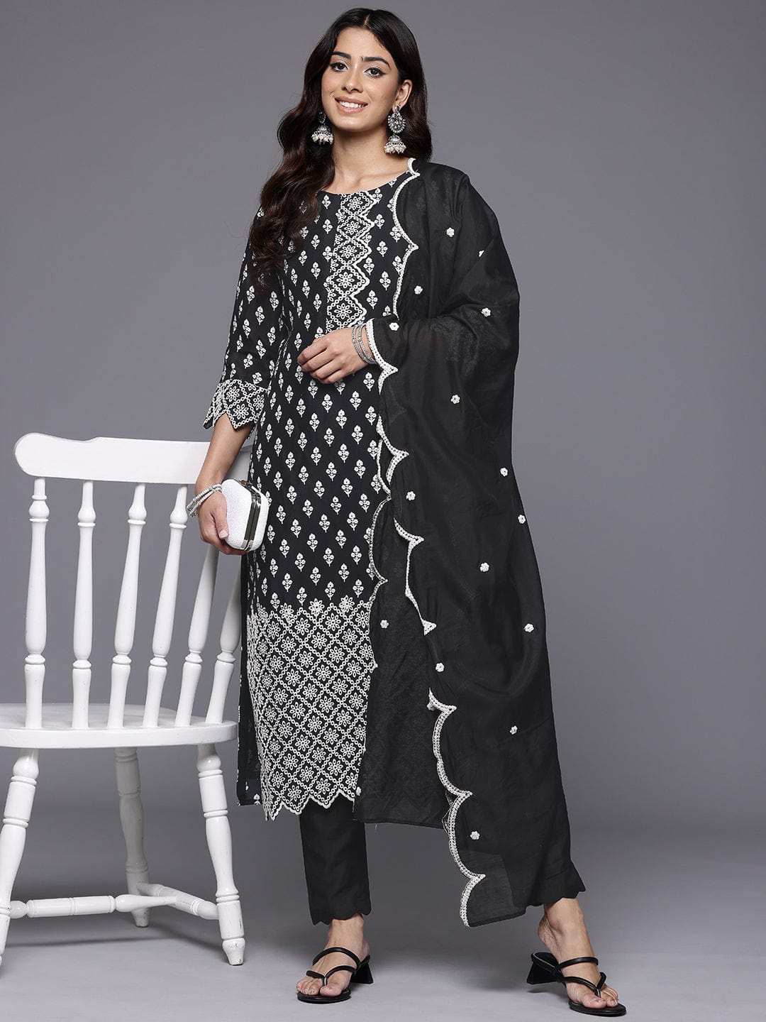 Varanga Women Black  Printed Shiffly Work  Kurta With Bottom And Dupatta