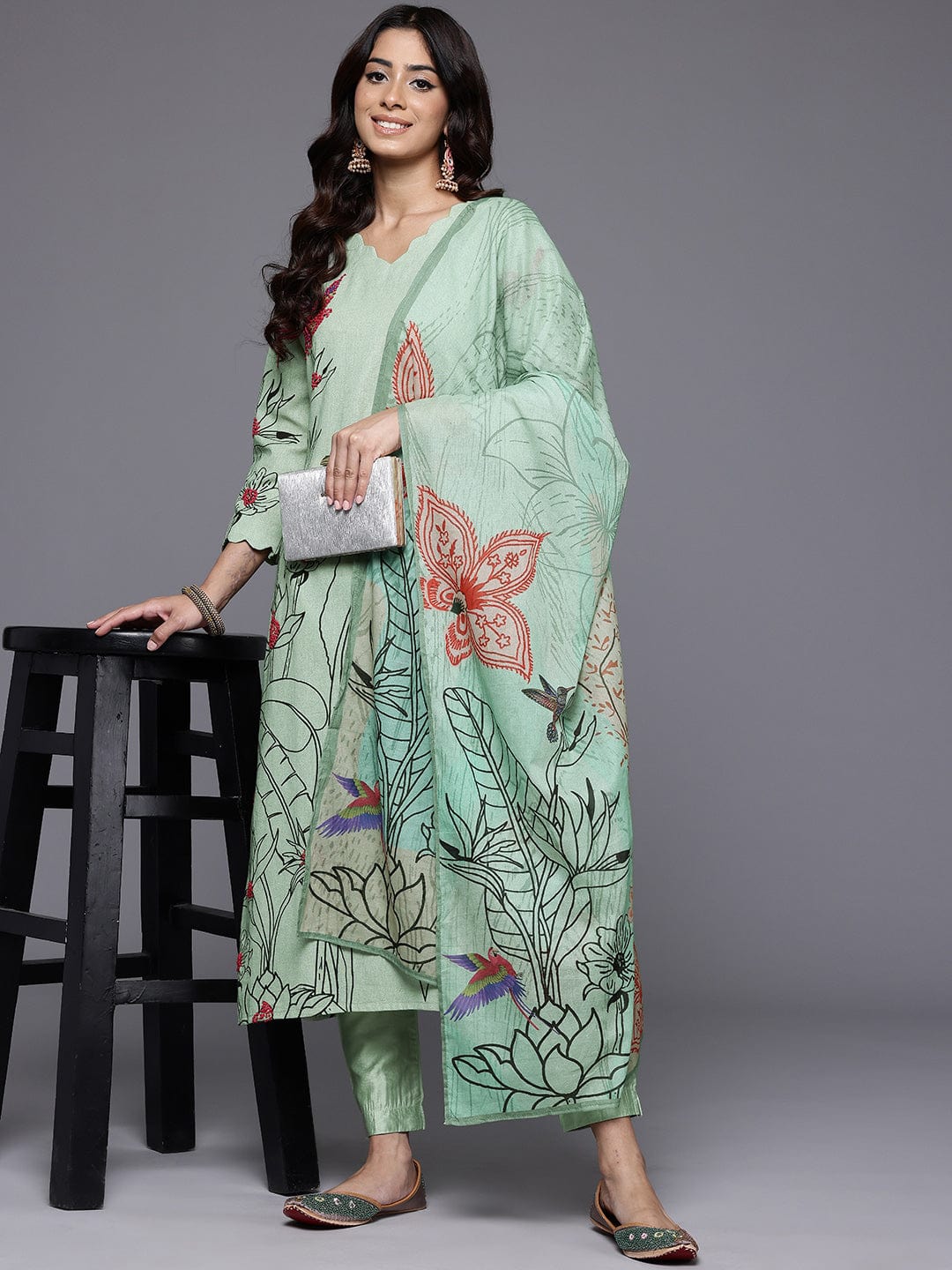 Varanga Women Sea Green Placment Design  Floral Printed Thread Embroidered Kurta  Paired With Bottom And Dupatta
