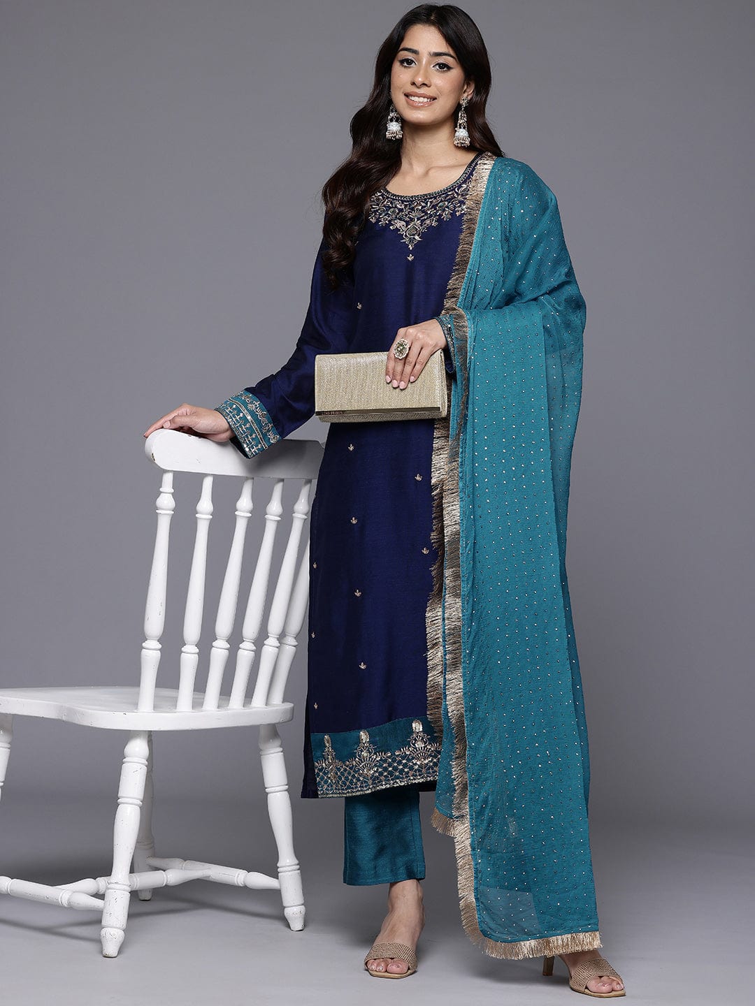 Varanga Women Navy Blue Placement Design  Embroidered Straight Kurta Paired With Contrast Bottom And Chiffon Dotted Dupatta With Four Side Fringes
