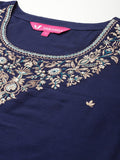 Varanga Women Navy Blue Placement Design  Embroidered Straight Kurta Paired With Contrast Bottom And Chiffon Dotted Dupatta With Four Side Fringes