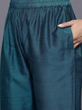 Varanga Women Navy Blue Placement Design  Embroidered Straight Kurta Paired With Contrast Bottom And Chiffon Dotted Dupatta With Four Side Fringes