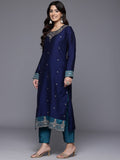 Varanga Women Navy Blue Placement Design  Embroidered Straight Kurta Paired With Contrast Bottom And Chiffon Dotted Dupatta With Four Side Fringes