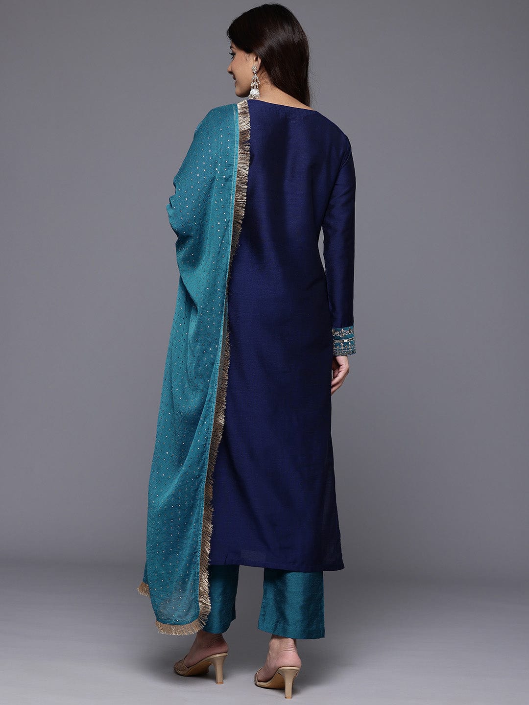 Varanga Women Navy Blue Placement Design  Embroidered Straight Kurta Paired With Contrast Bottom And Chiffon Dotted Dupatta With Four Side Fringes