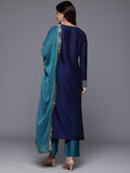 Varanga Women Navy Blue Placement Design  Embroidered Straight Kurta Paired With Contrast Bottom And Chiffon Dotted Dupatta With Four Side Fringes