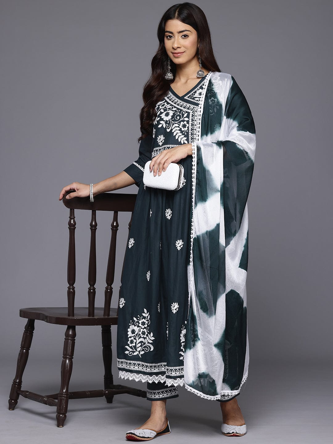 Varanga Women V-Neck Thread Embroidered, Angarkha Style A- Line Kurta With Bottom And Dupatta