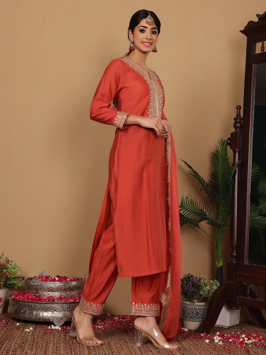 Varanga Women Silk Red Zari Embroidered Kurta With Bottom And Dupatta