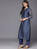 Varanga Women Blue Floral Printed Mandarin Collar Straight Kurta Paired With Bottom & Dupatta
