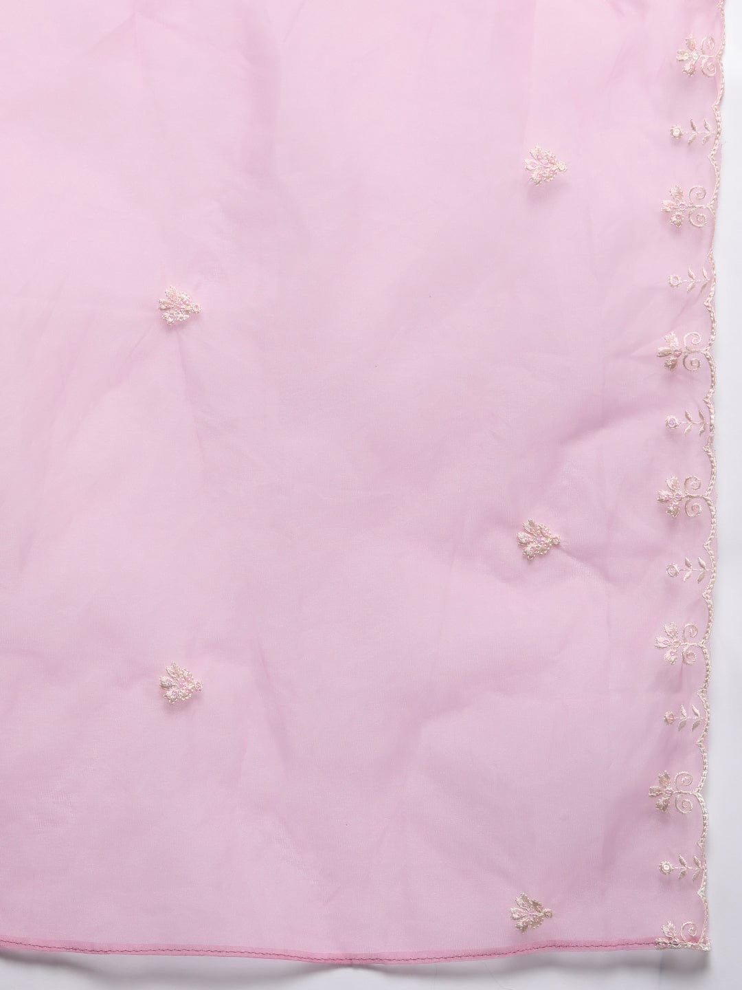 Varanga Women Pink V Neck Thread & Sequence Embroidered Kurta Paired With Bottom & Embroidered Organza Dupatta