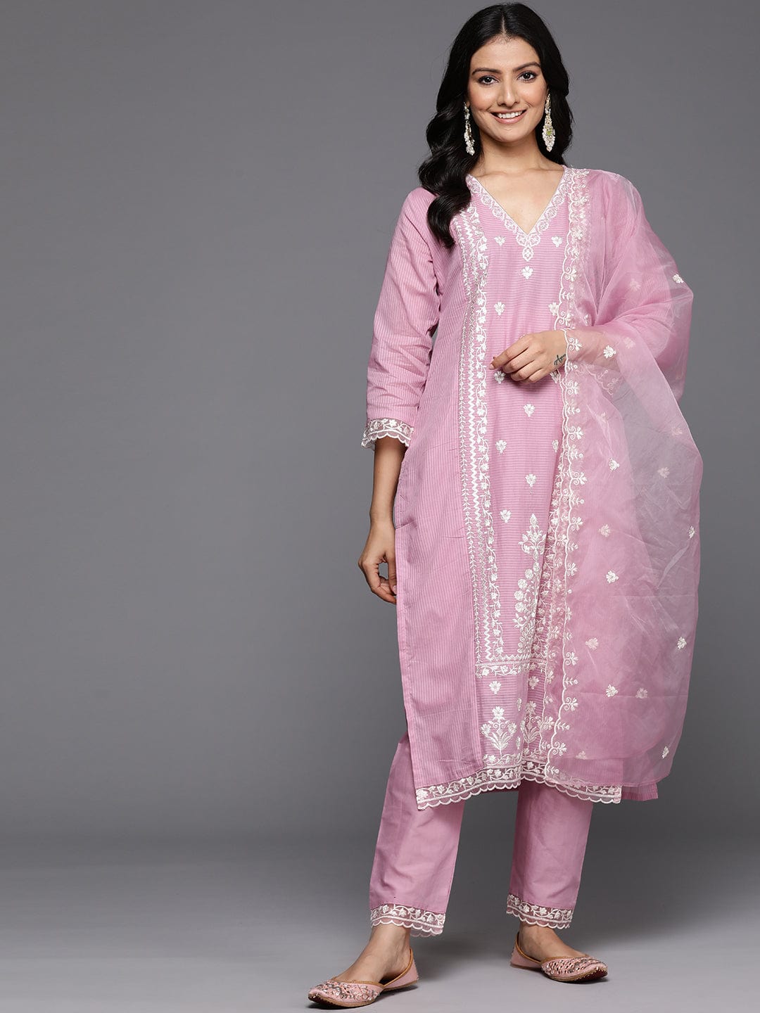 Varanga Women Pink V Neck Thread & Sequence Embroidered Kurta Paired With Bottom & Embroidered Organza Dupatta