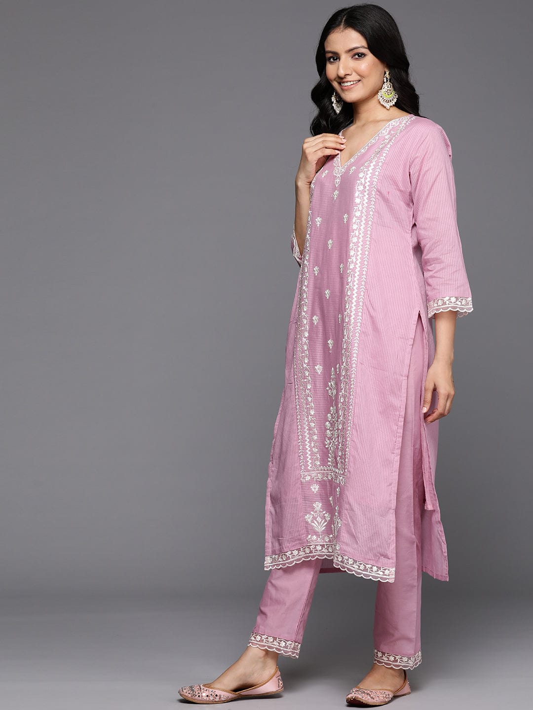 Varanga Women Pink V Neck Thread & Sequence Embroidered Kurta Paired With Bottom & Embroidered Organza Dupatta