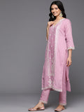 Varanga Women Pink V Neck Thread & Sequence Embroidered Kurta Paired With Bottom & Embroidered Organza Dupatta