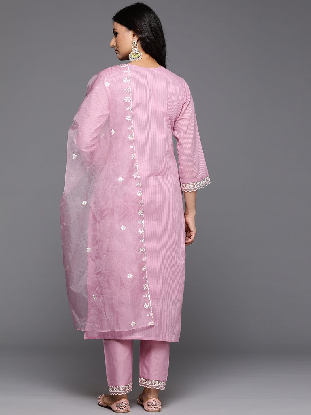 Varanga Women Pink V Neck Thread & Sequence Embroidered Kurta Paired With Bottom & Embroidered Organza Dupatta