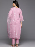 Varanga Women Pink V Neck Thread & Sequence Embroidered Kurta Paired With Bottom & Embroidered Organza Dupatta