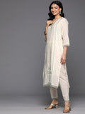 Varanga Women Cream V Neck Thread & Sequence Embroidered Kurta Paired With Bottom & Embroidered Organza Dupatta