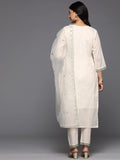 Varanga Women Cream V Neck Thread & Sequence Embroidered Kurta Paired With Bottom & Embroidered Organza Dupatta