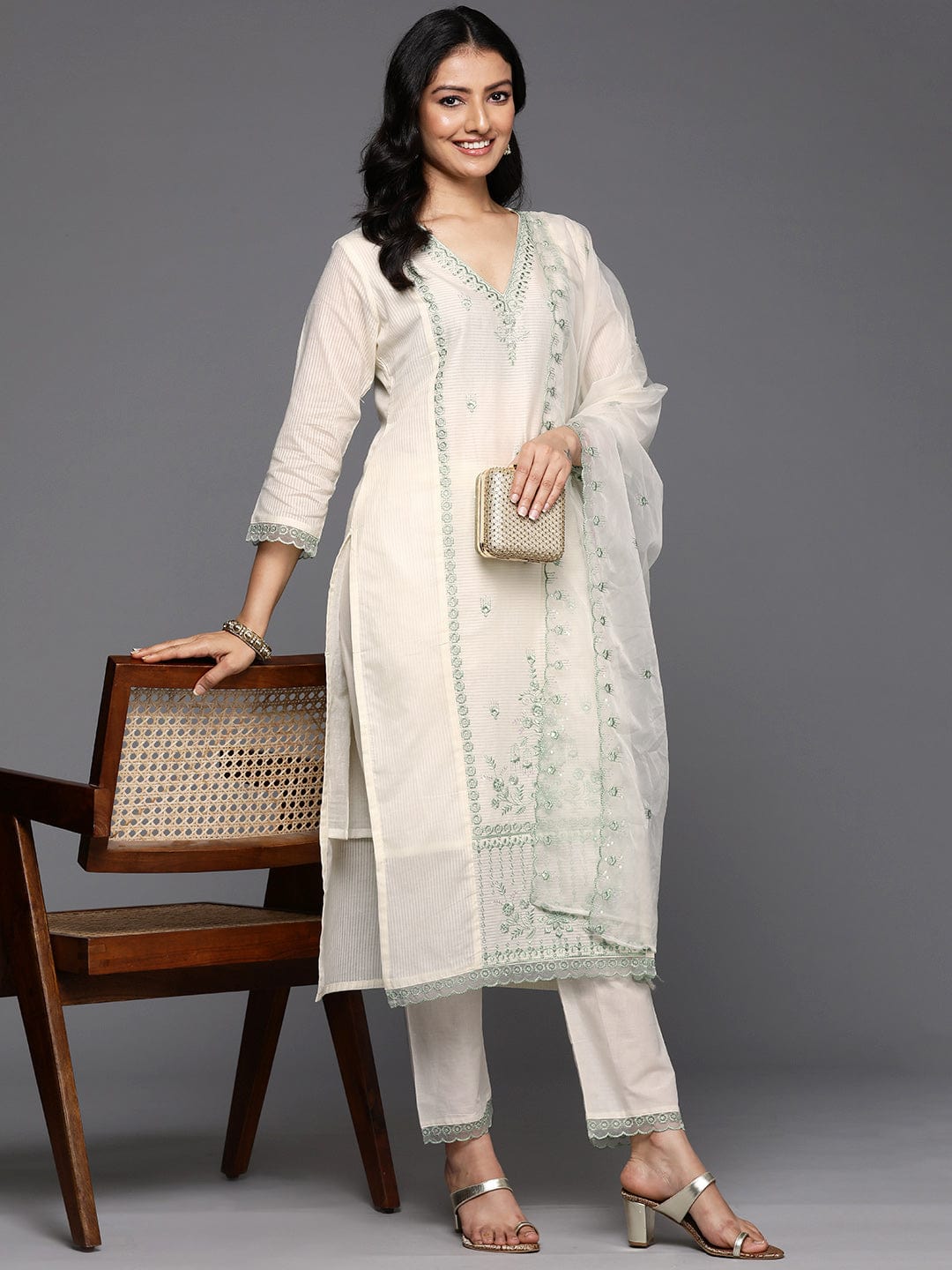 Varanga Women Cream V Neck Thread & Sequence Embroidered Kurta Paired With Bottom & Embroidered Organza Dupatta
