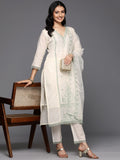 Varanga Women Cream V Neck Thread & Sequence Embroidered Kurta Paired With Bottom & Embroidered Organza Dupatta